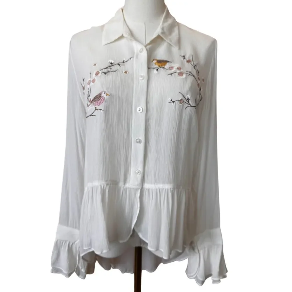 New Lauren Conrad Women's White Boho Button Down Bird Embroidered Shirt Size M